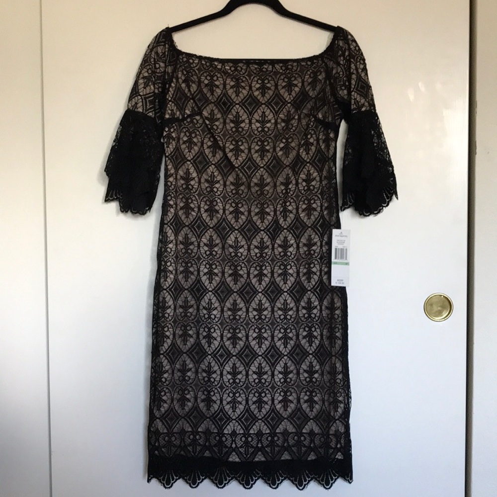 Sharagano Black lace off the shoulder dress
